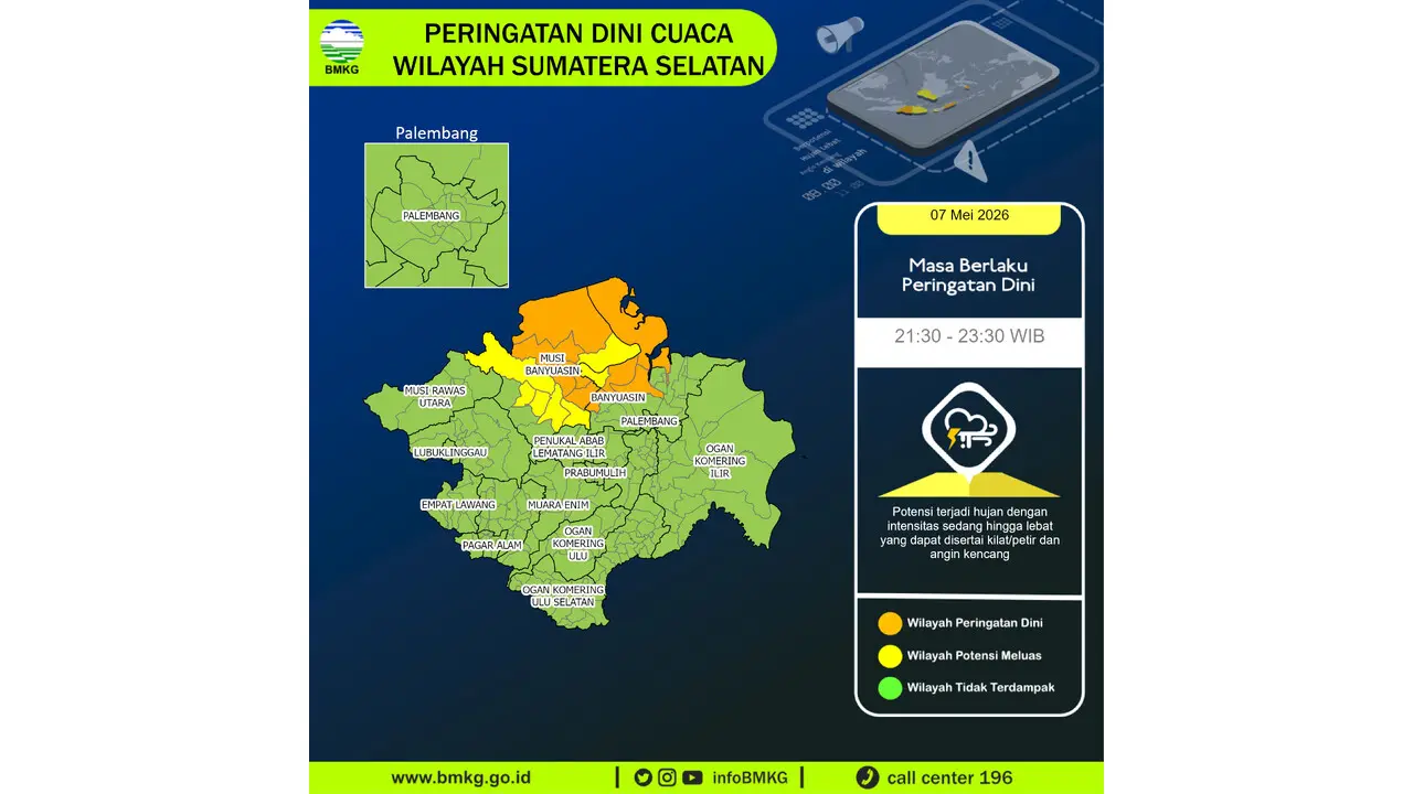 Prakiraan Cuaca Sumsel, 7 Mei 2026: Sejumlah Wilayah Berpotensi Hujan Lebat Disertai Petir dan Angin Kencang