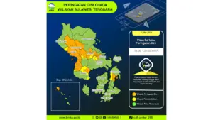 Prakiraan Cuaca Sultra, 11 Mei 2026: Sejumlah Wilayah Berpotensi Hujan Lebat Disertai Petir dan Angin Kencang