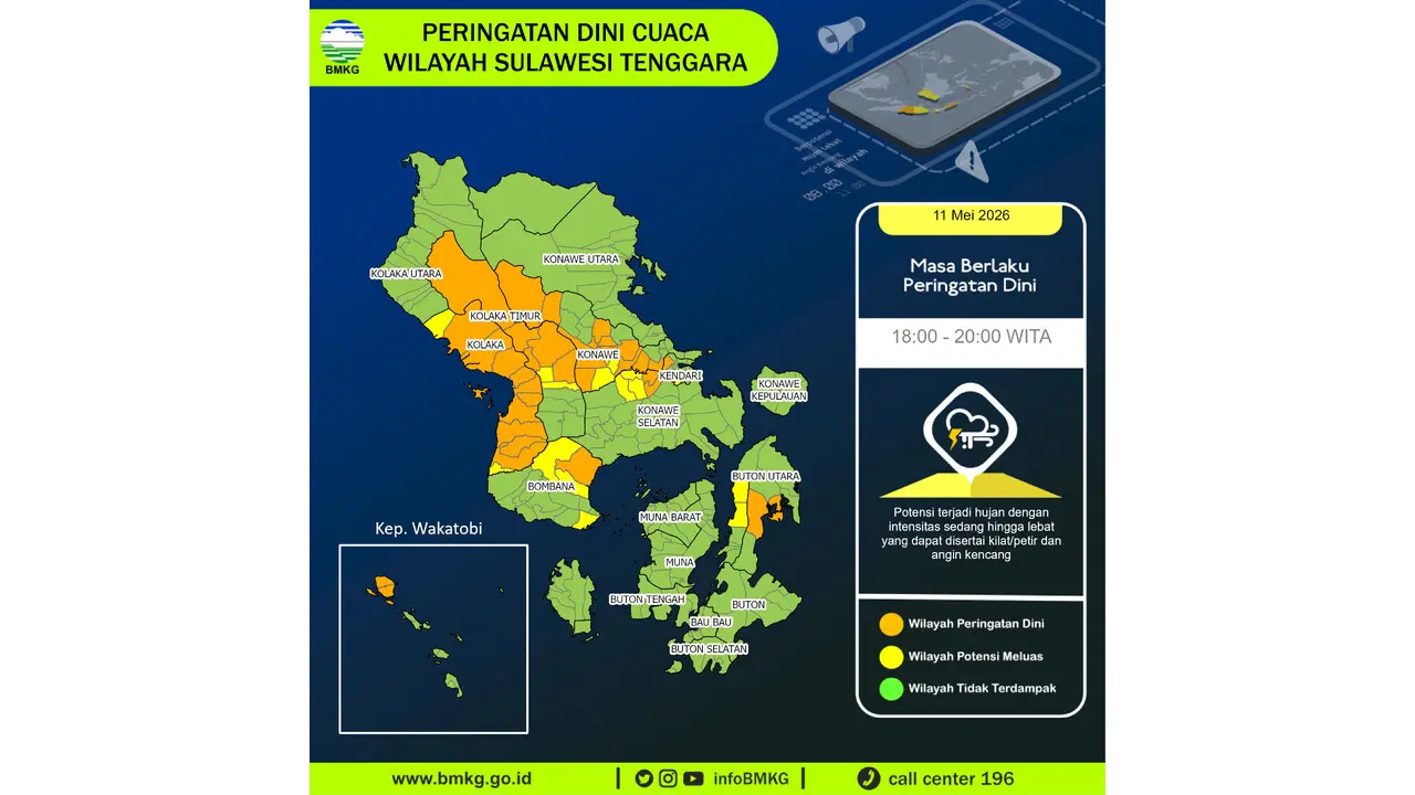 Prakiraan Cuaca Sultra, 11 Mei 2026: Sejumlah Wilayah Berpotensi Hujan Lebat Disertai Petir dan Angin Kencang