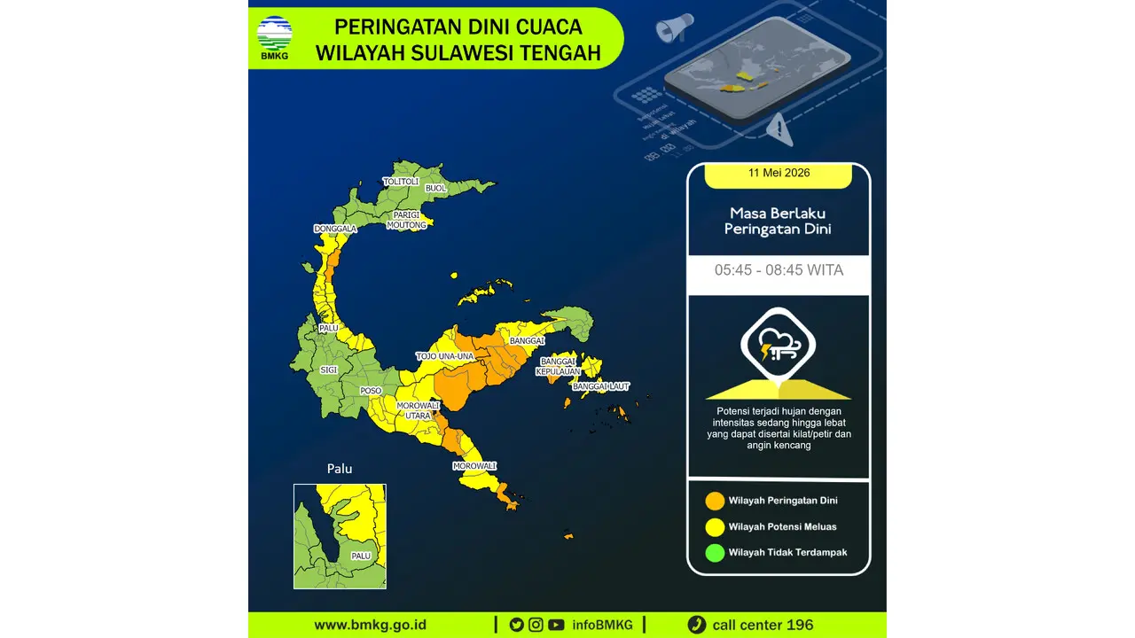 Prakiraan Cuaca Sulteng, 11 Mei 2026: Sejumlah Wilayah Berpotensi Hujan Lebat Disertai Petir dan Angin Kencang
