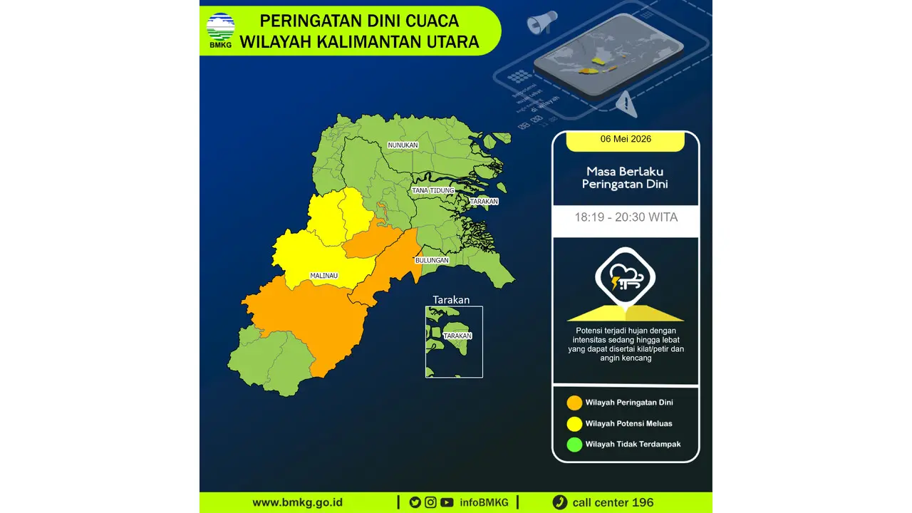Prakiraan Cuaca Kaltara, 6 Mei 2026: Sejumlah Wilayah Berpotensi Hujan Lebat Disertai Petir dan Angin Kencang