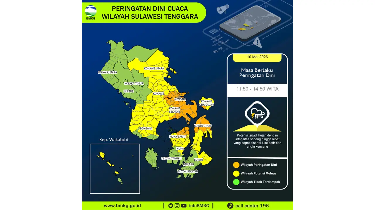 Prakiraan Cuaca Sultra, 10 Mei 2026: Sejumlah Wilayah Berpotensi Hujan Lebat Disertai Petir dan Angin Kencang
