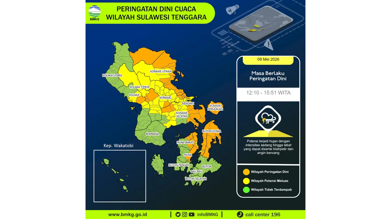 Prakiraan Cuaca Sultra, 8 Mei 2026: Sejumlah Wilayah Berpotensi Hujan Lebat Disertai Petir dan Angin Kencang