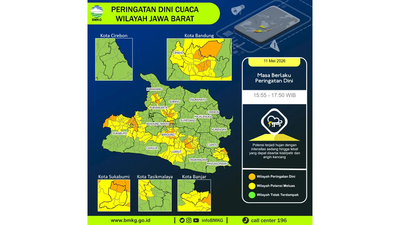 Prakiraan Cuaca Jabar, 11 Mei 2026: Sejumlah Wilayah Berpotensi Hujan Lebat Disertai Petir dan Angin Kencang
