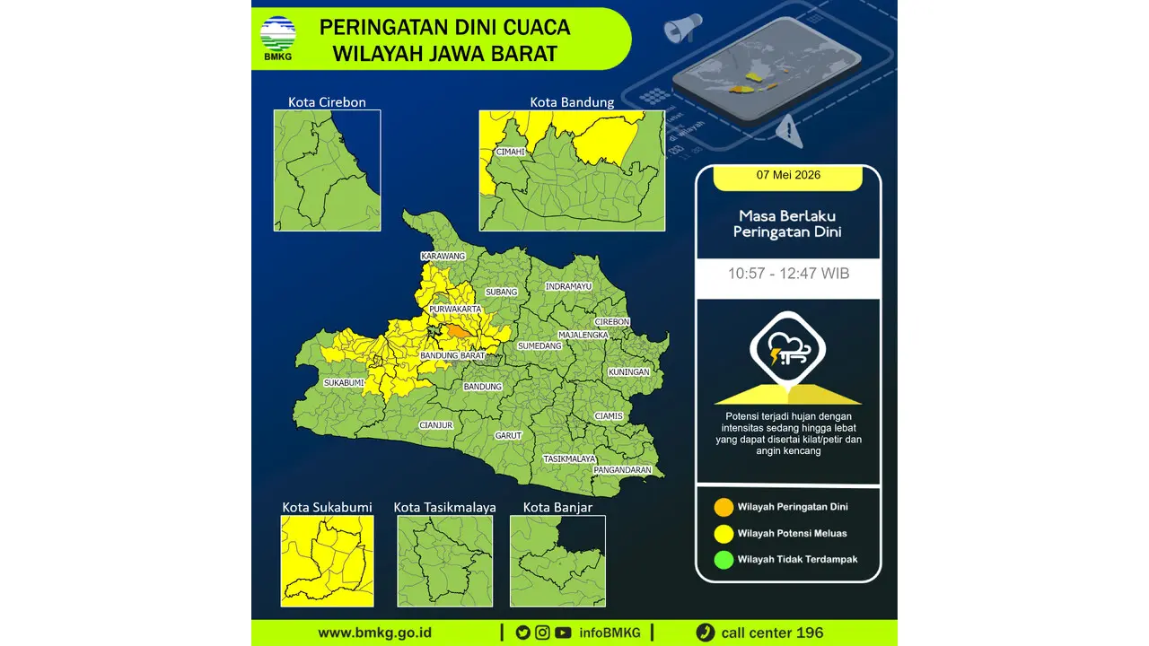 Prakiraan Cuaca Jabar, 7 Mei 2026: Sejumlah Wilayah Berpotensi Hujan Lebat Disertai Petir dan Angin Kencang