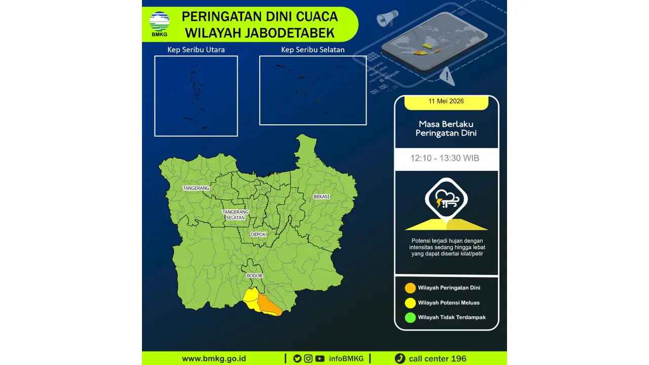 Prakiraan Cuaca Jabodetabek, 11 Mei 2026: Sejumlah Wilayah Berpotensi Hujan Lebat Disertai Petir