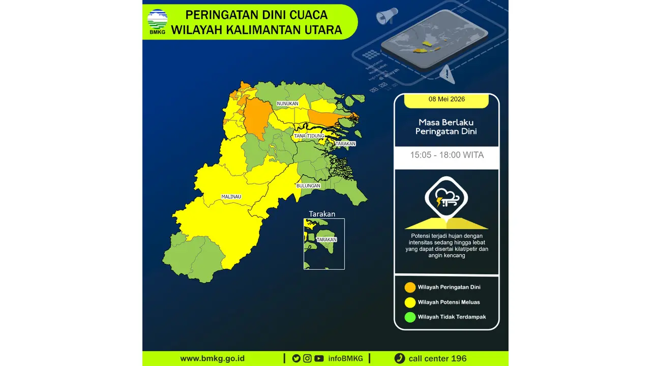 Prakiraan Cuaca Kaltara, 8 Mei 2026: Sejumlah Wilayah Berpotensi Hujan Lebat Disertai Petir dan Angin Kencang
