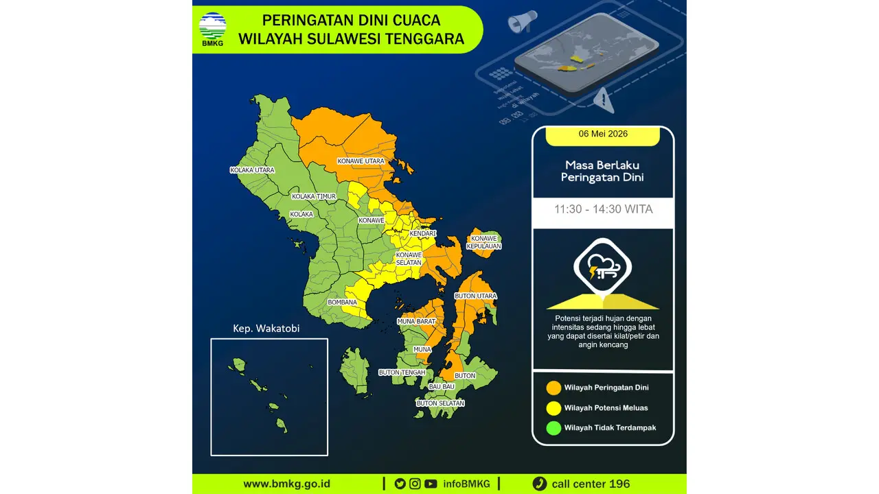 Prakiraan Cuaca Sultra, 6 Mei 2026: Sejumlah Wilayah Berpotensi Hujan Lebat Disertai Petir dan Angin Kencang