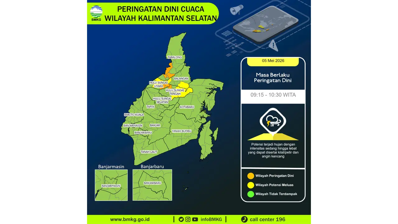 Prakiraan Cuaca Kalsel, 5 Mei 2026: Sejumlah Wilayah Berpotensi Hujan Lebat Disertai Petir dan Angin Kencang