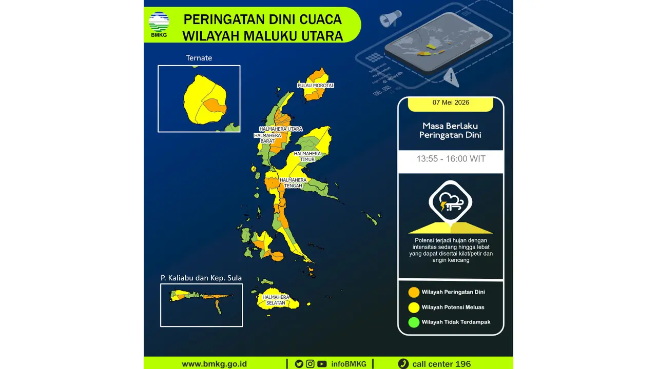 Prakiraan Cuaca Malut, 7 Mei 2026: Sejumlah Wilayah Berpotensi Hujan Lebat Disertai Petir dan Angin Kencang