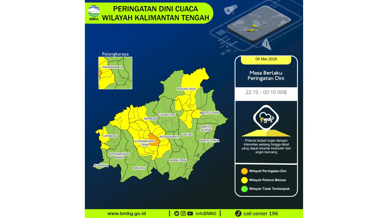 Prakiraan Cuaca Kalteng, 6 Mei 2026: Sejumlah Wilayah Berpotensi Hujan Lebat Disertai Petir dan Angin Kencang