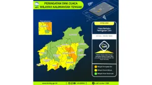 Prakiraan Cuaca Kalteng, 9 Mei 2026: Sejumlah Wilayah Berpotensi Hujan Lebat Disertai Petir dan Angin Kencang