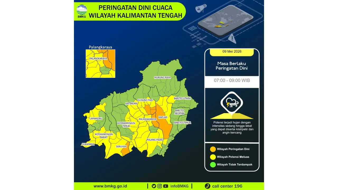 Prakiraan Cuaca Kalteng, 9 Mei 2026: Sejumlah Wilayah Berpotensi Hujan Lebat Disertai Petir dan Angin Kencang