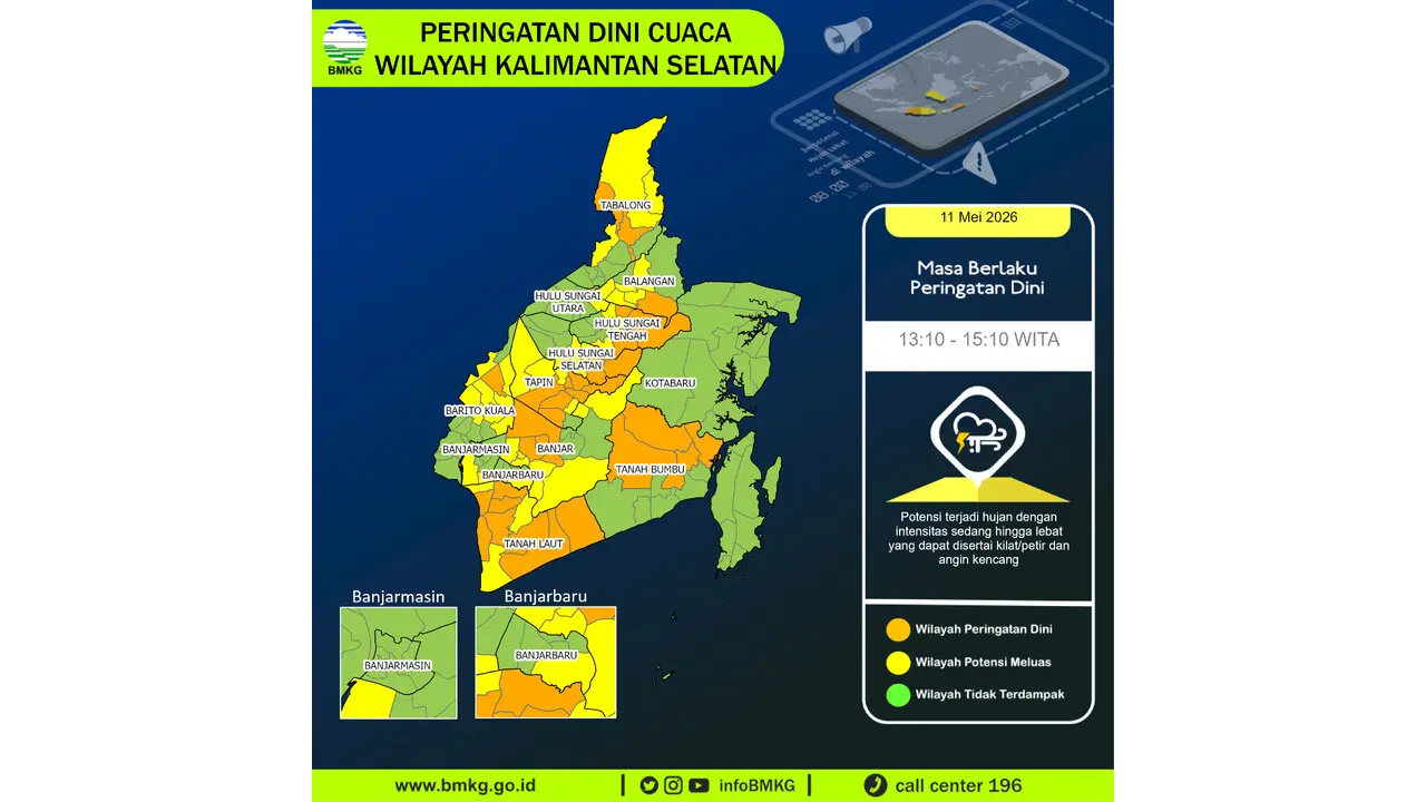 Prakiraan Cuaca Kalsel, 11 Mei 2026: Sejumlah Wilayah Berpotensi Hujan Lebat Disertai Petir dan Angin Kencang