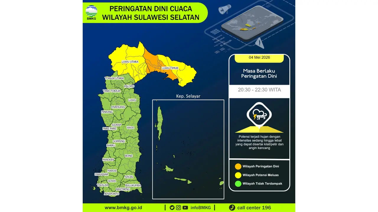 Prakiraan Cuaca Sulsel, 4 Mei 2026: Sejumlah Wilayah Berpotensi Hujan Lebat Disertai Petir dan Angin Kencang