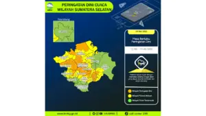 Prakiraan Cuaca Sumsel, 9 Mei 2026: Sejumlah Wilayah Berpotensi Hujan Lebat Disertai Petir dan Angin Kencang