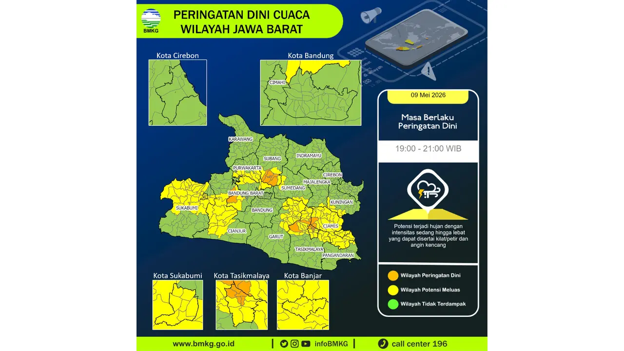 Prakiraan Cuaca Jabar, 9 Mei 2026: Sejumlah Wilayah Berpotensi Hujan Lebat Disertai Petir dan Angin Kencang