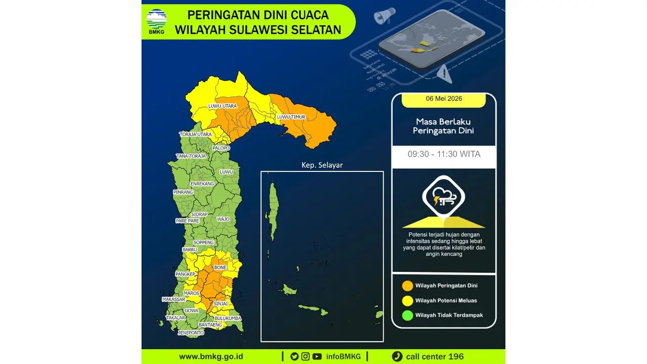 Prakiraan Cuaca Sulsel, 6 Mei 2026: Sejumlah Wilayah Berpotensi Hujan Lebat Disertai Petir dan Angin Kencang