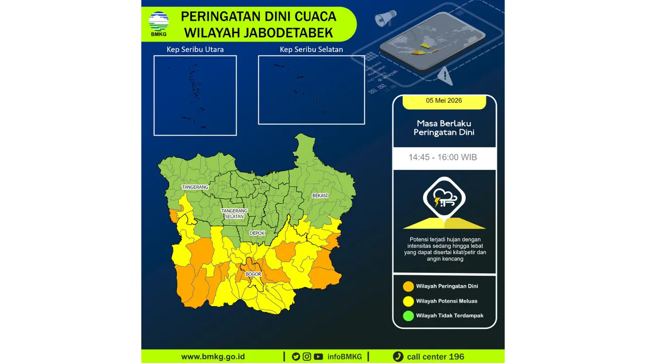 Prakiraan Cuaca Jabodetabek, 5 Mei 2026: Sejumlah Wilayah Berpotensi Hujan Lebat Disertai Petir dan Angin Kencang