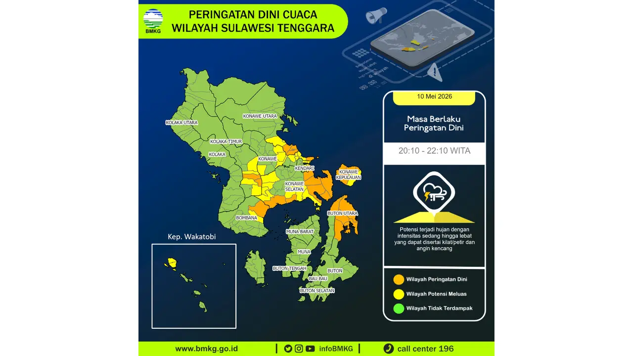 Prakiraan Cuaca Sultra, 10 Mei 2026: Sejumlah Wilayah Berpotensi Hujan Lebat Disertai Petir dan Angin Kencang