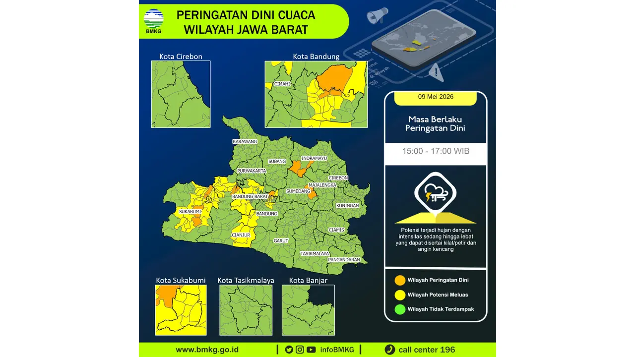 Prakiraan Cuaca Jabar, 9 Mei 2026: Sejumlah Wilayah Berpotensi Hujan Lebat Disertai Petir dan Angin Kencang