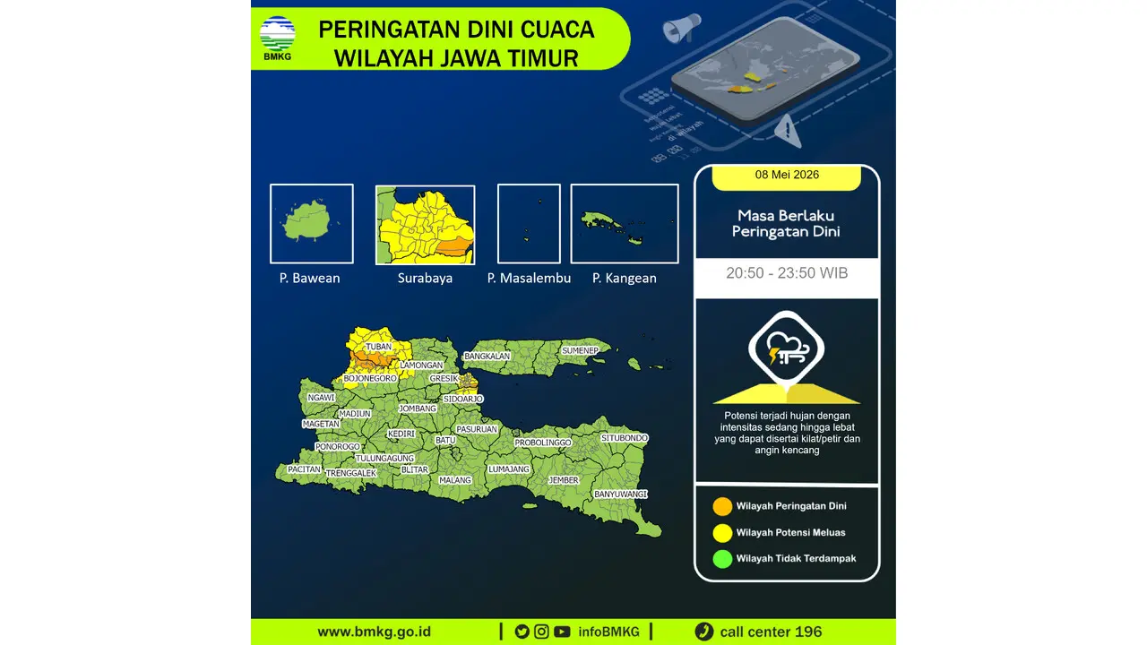 Prakiraan Cuaca Jatim, 8 Mei 2026: Sejumlah Wilayah Berpotensi Hujan Lebat Disertai Petir dan Angin Kencang