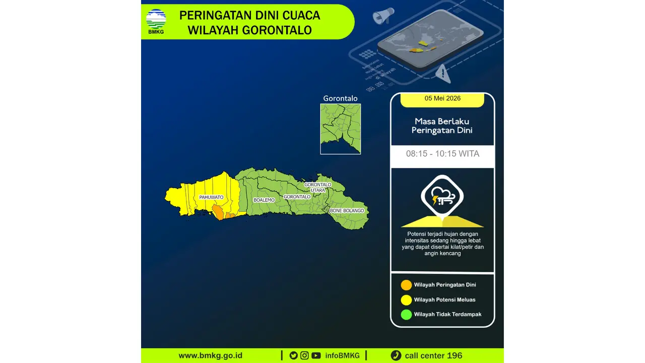 Prakiraan Cuaca Gorontalo, 5 Mei 2026: Sejumlah Wilayah Berpotensi Hujan Lebat Disertai Petir dan Angin Kencang