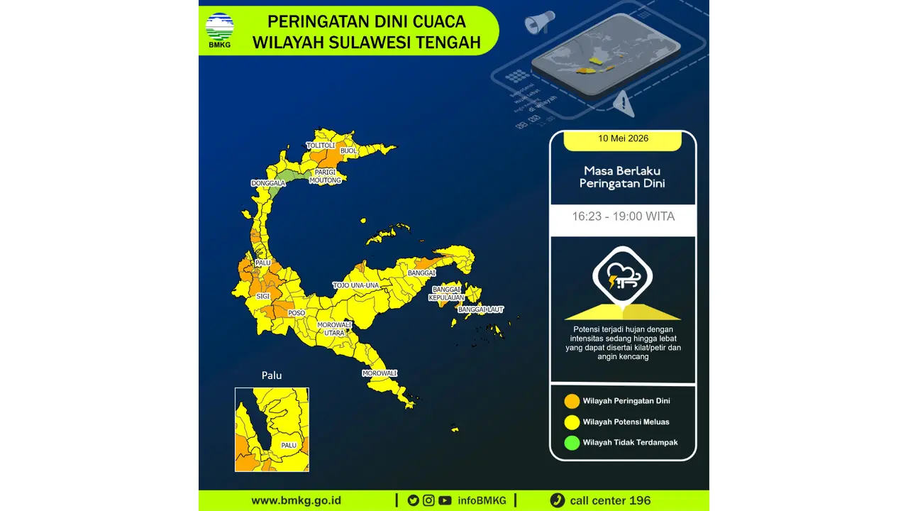 Prakiraan Cuaca Sulteng, 10 Mei 2026: Sejumlah Wilayah Berpotensi Hujan Lebat Disertai Petir dan Angin Kencang