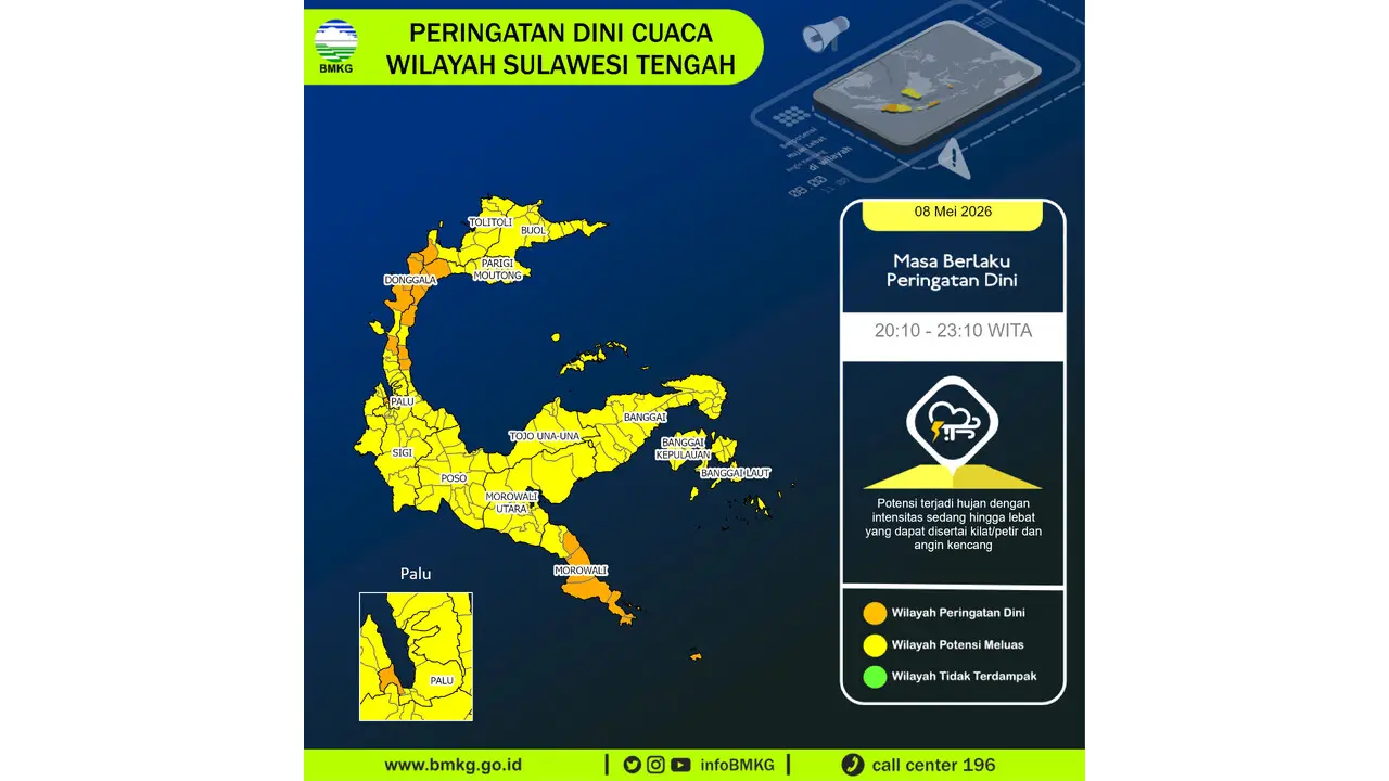 Prakiraan Cuaca Sulteng, 8 Mei 2026: Sejumlah Wilayah Berpotensi Hujan Lebat Disertai Petir dan Angin Kencang