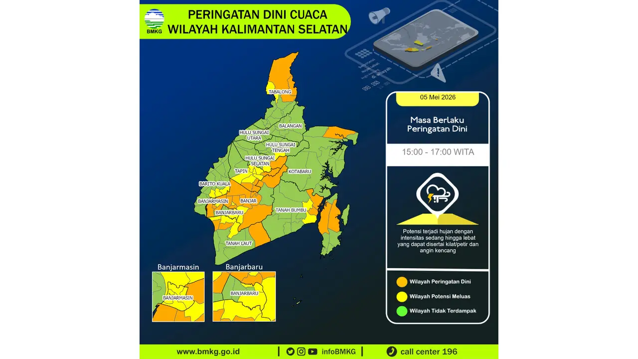 Prakiraan Cuaca Kalsel, 5 Mei 2026: Sejumlah Wilayah Berpotensi Hujan Lebat Disertai Petir dan Angin Kencang