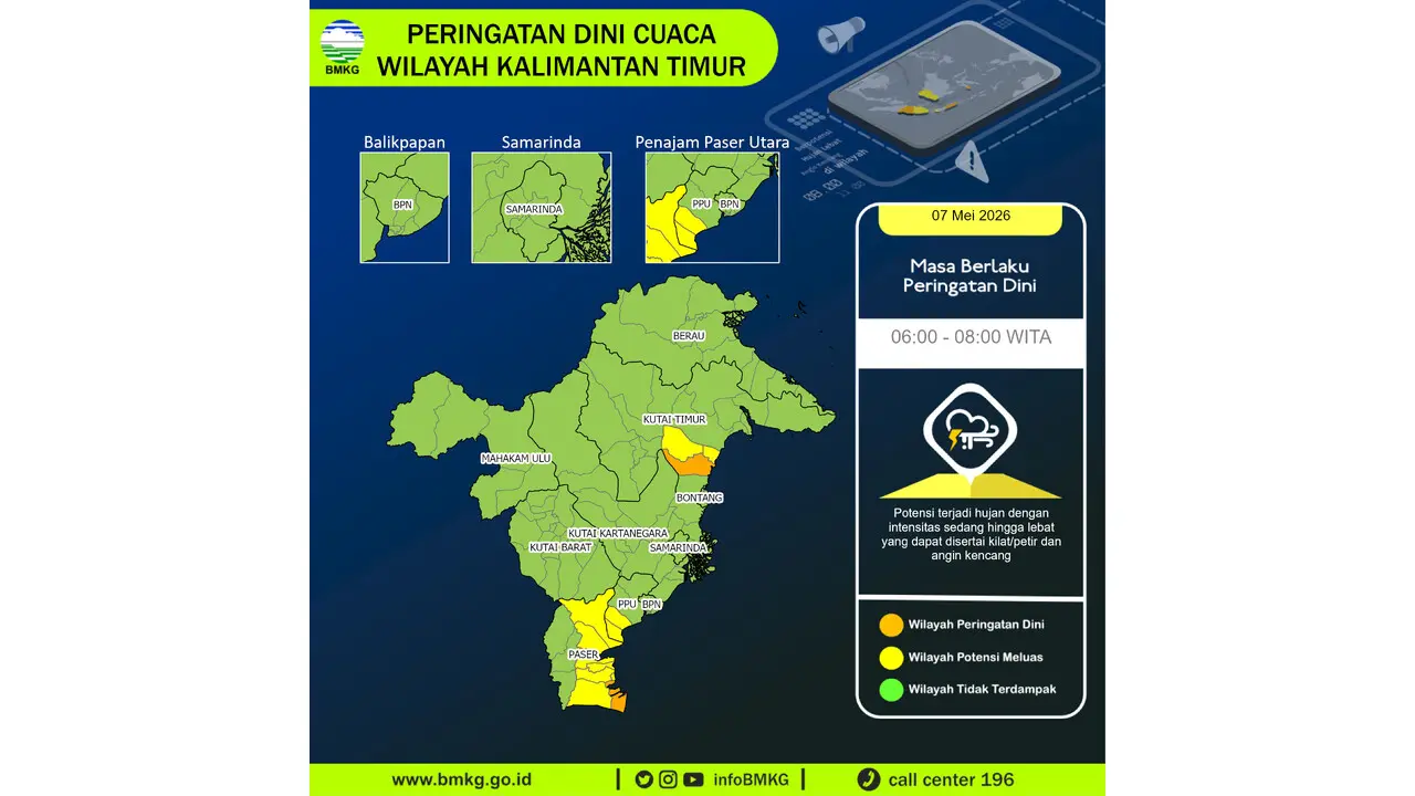 Prakiraan Cuaca Kaltim, 7 Mei 2026: Sejumlah Wilayah Berpotensi Hujan Lebat Disertai Petir dan Angin Kencang