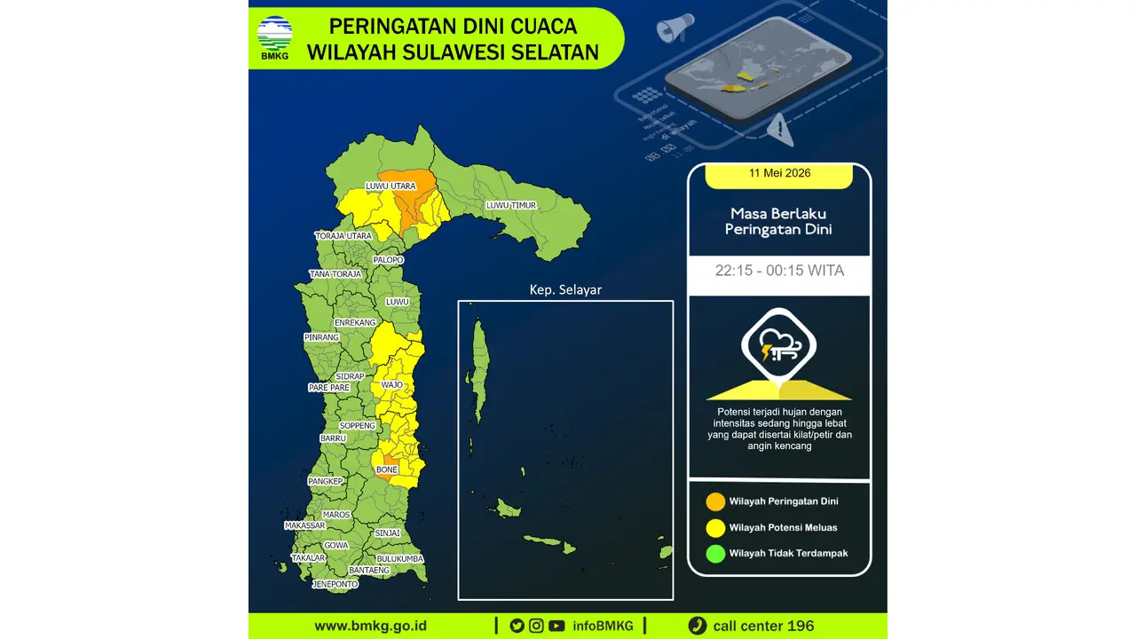 Prakiraan Cuaca Sulsel, 11 Mei 2026: Sejumlah Wilayah Berpotensi Hujan Lebat Disertai Petir dan Angin Kencang
