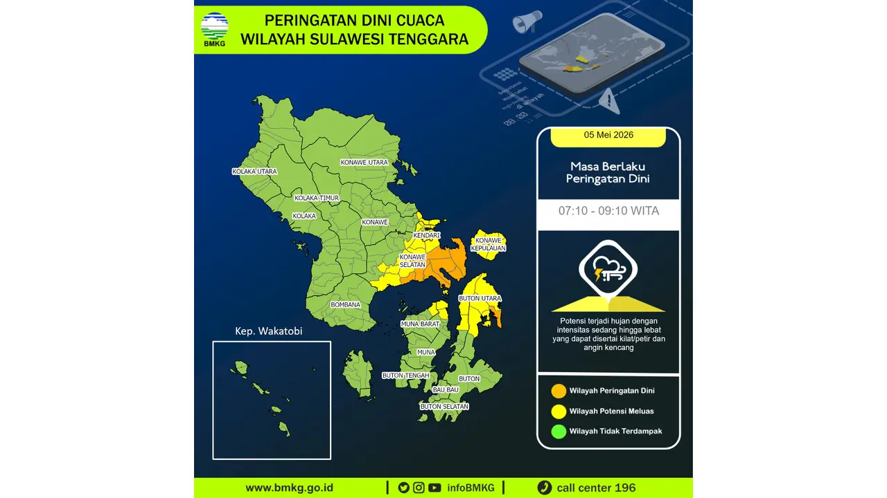 Prakiraan Cuaca Sultra, 5 Mei 2026: Sejumlah Wilayah Berpotensi Hujan Lebat Disertai Petir dan Angin Kencang