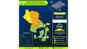 Prakiraan Cuaca Sultra, 6 Mei 2026: Sejumlah Wilayah Berpotensi Hujan Lebat Disertai Petir dan Angin Kencang