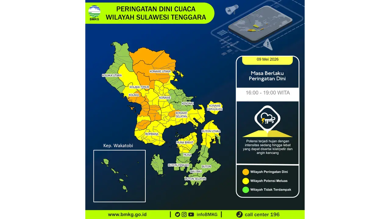 Prakiraan Cuaca Sultra, 9 Mei 2026: Sejumlah Wilayah Berpotensi Hujan Lebat Disertai Petir dan Angin Kencang