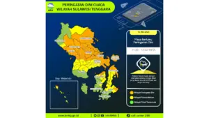 Prakiraan Cuaca Sultra, 10 Mei 2026: Sejumlah Wilayah Berpotensi Hujan Lebat Disertai Petir dan Angin Kencang