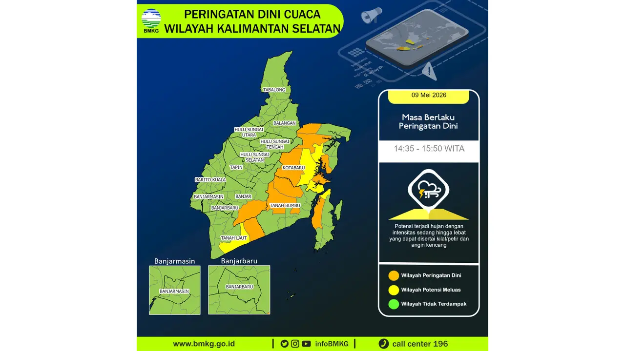 Prakiraan Cuaca Kalsel, 9 Mei 2026: Sejumlah Wilayah Berpotensi Hujan Lebat Disertai Petir dan Angin Kencang