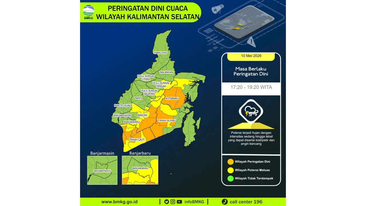 Prakiraan Cuaca Kalsel, 10 Mei 2026: Sejumlah Wilayah Berpotensi Hujan Lebat Disertai Petir dan Angin Kencang