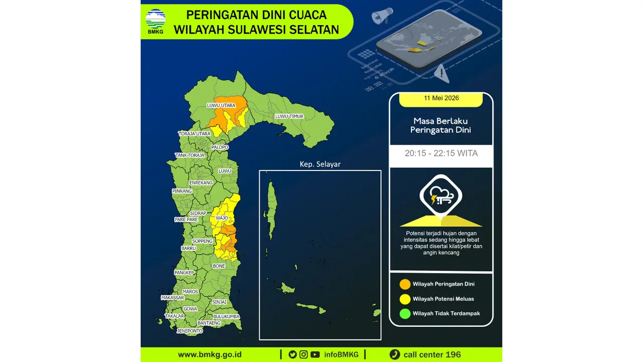 Prakiraan Cuaca Sulsel, 11 Mei 2026: Sejumlah Wilayah Berpotensi Hujan Lebat Disertai Petir dan Angin Kencang