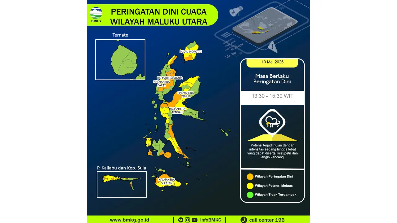 Prakiraan Cuaca Malut, 10 Mei 2026: Sejumlah Wilayah Berpotensi Hujan Lebat Disertai Petir dan Angin Kencang