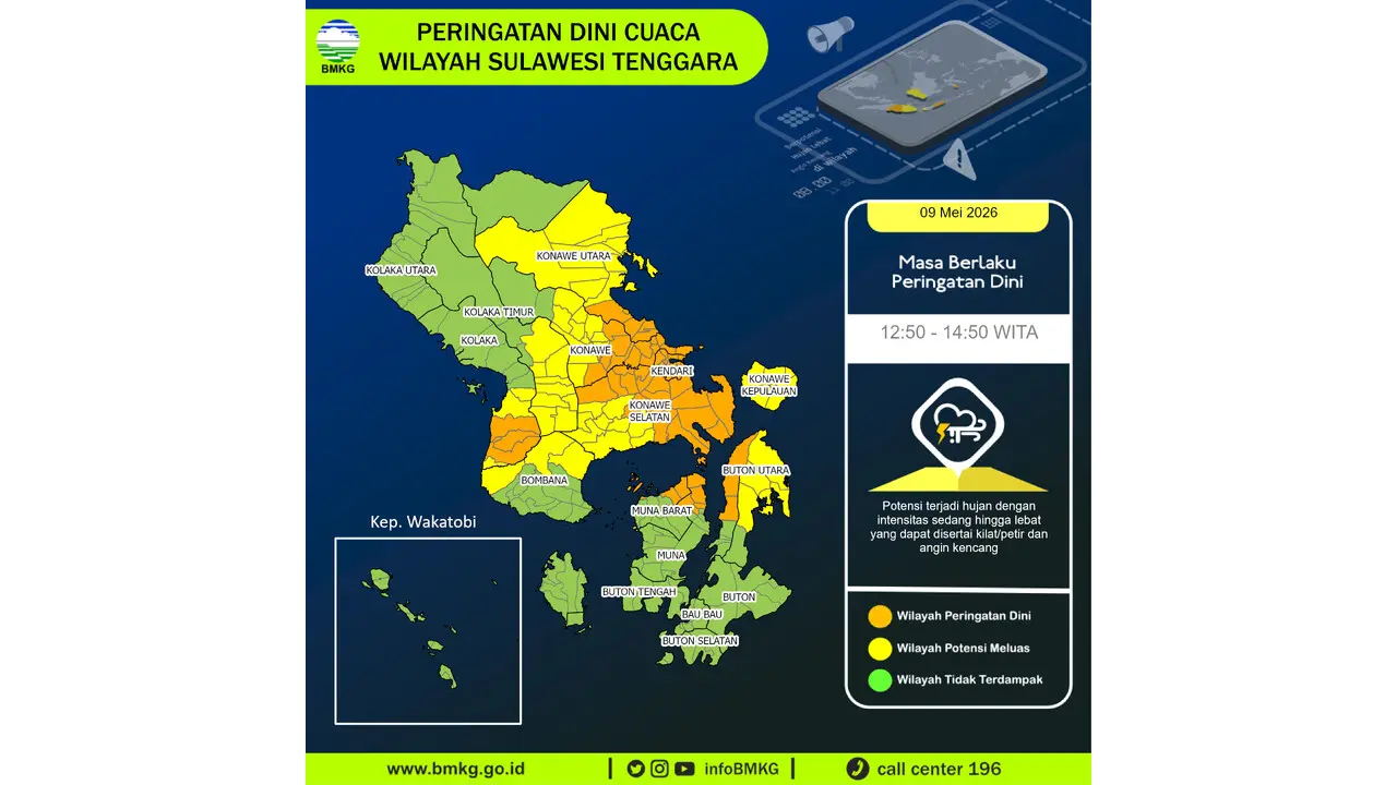 Prakiraan Cuaca Sultra, 9 Mei 2026: Sejumlah Wilayah Berpotensi Hujan Lebat Disertai Petir dan Angin Kencang