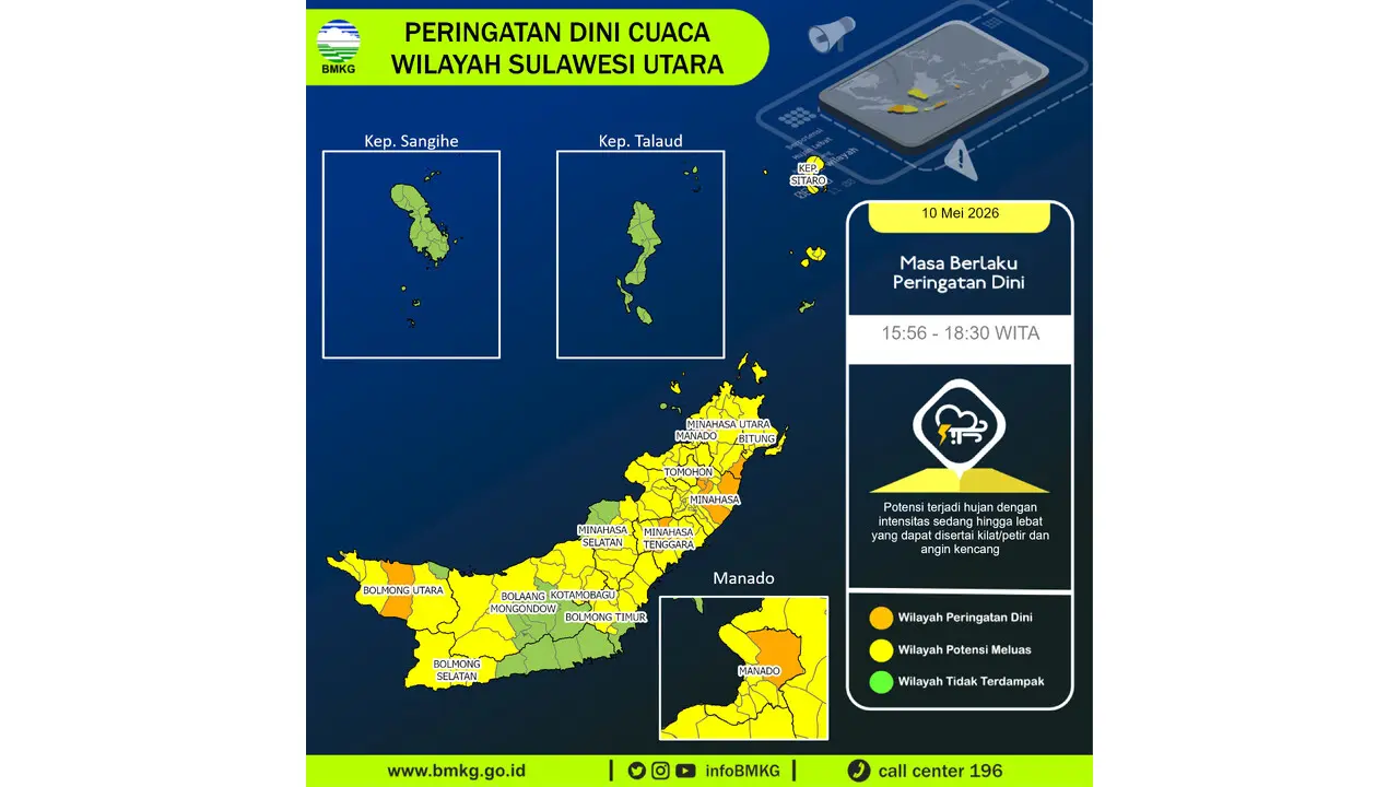 Prakiraan Cuaca Sulut, 10 Mei 2026: Sejumlah Wilayah Berpotensi Hujan Lebat Disertai Petir dan Angin Kencang