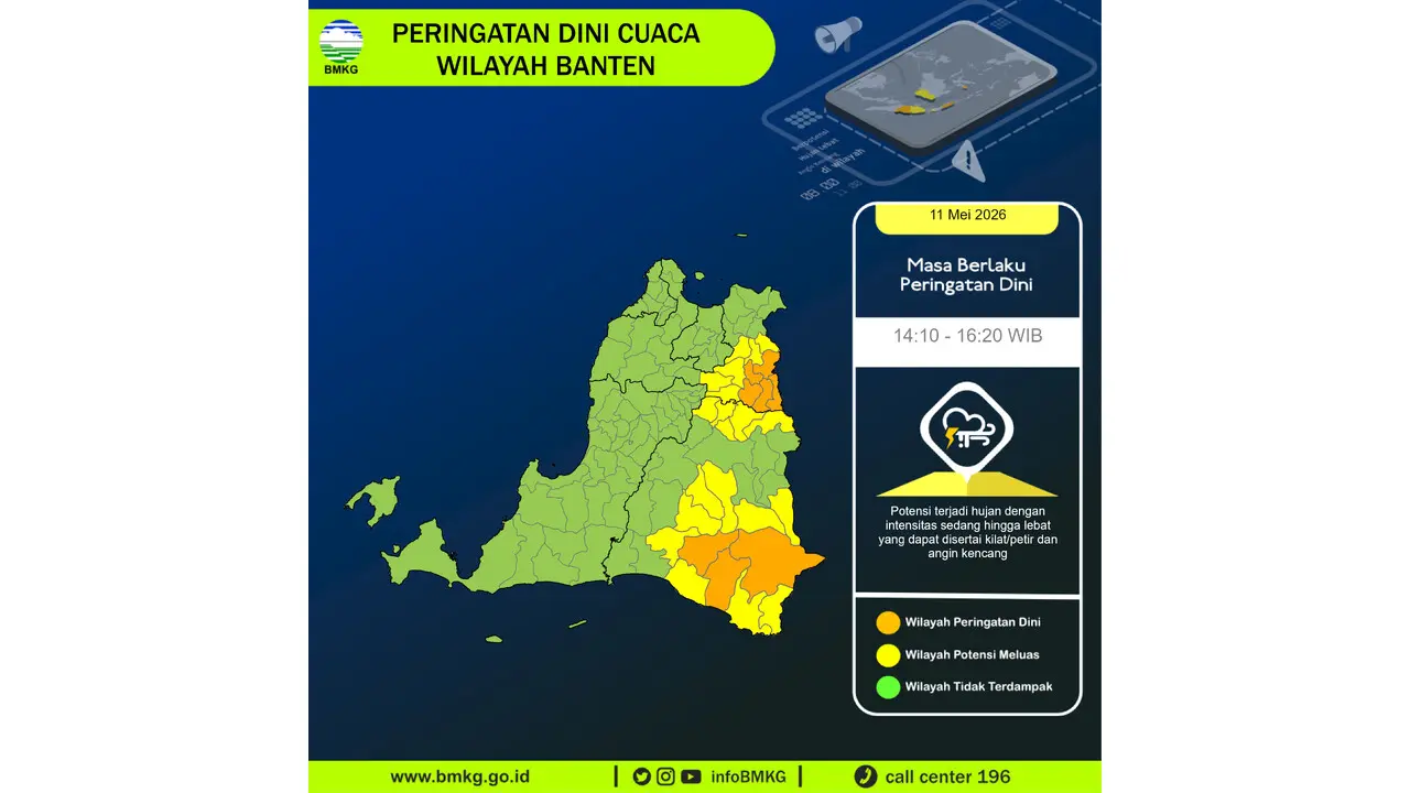 Prakiraan Cuaca Banten, 11 Mei 2026: Sejumlah Wilayah Berpotensi Hujan Lebat Disertai Petir dan Angin Kencang