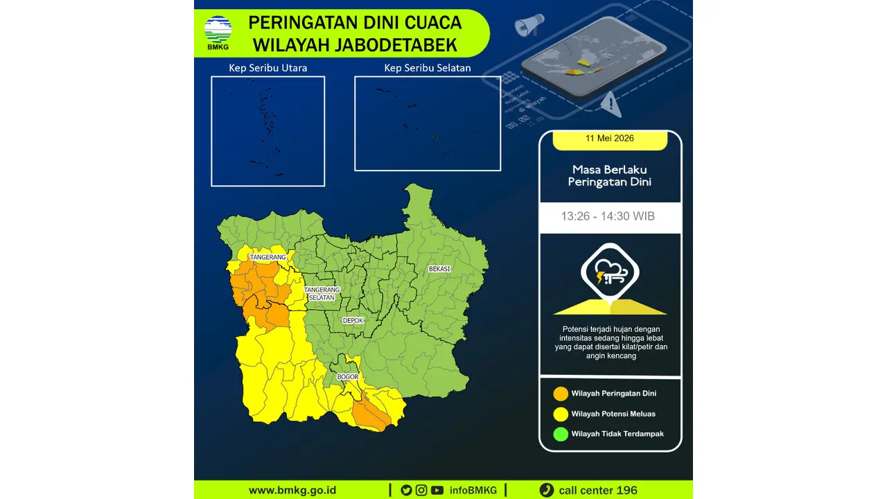 Prakiraan Cuaca Jabodetabek, 11 Mei 2026: Sejumlah Wilayah Berpotensi Hujan Lebat Disertai Petir dan Angin Kencang