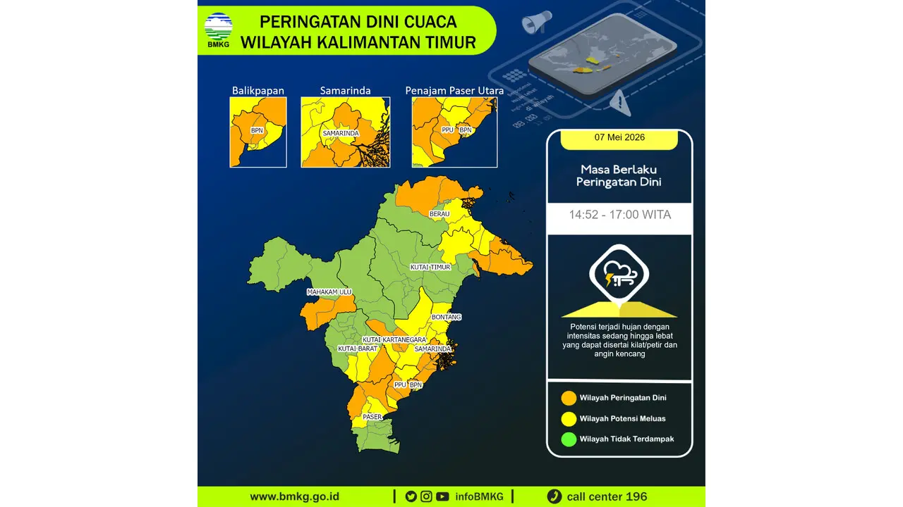 Prakiraan Cuaca Kaltim, 7 Mei 2026: Sejumlah Wilayah Berpotensi Hujan Lebat Disertai Petir dan Angin Kencang