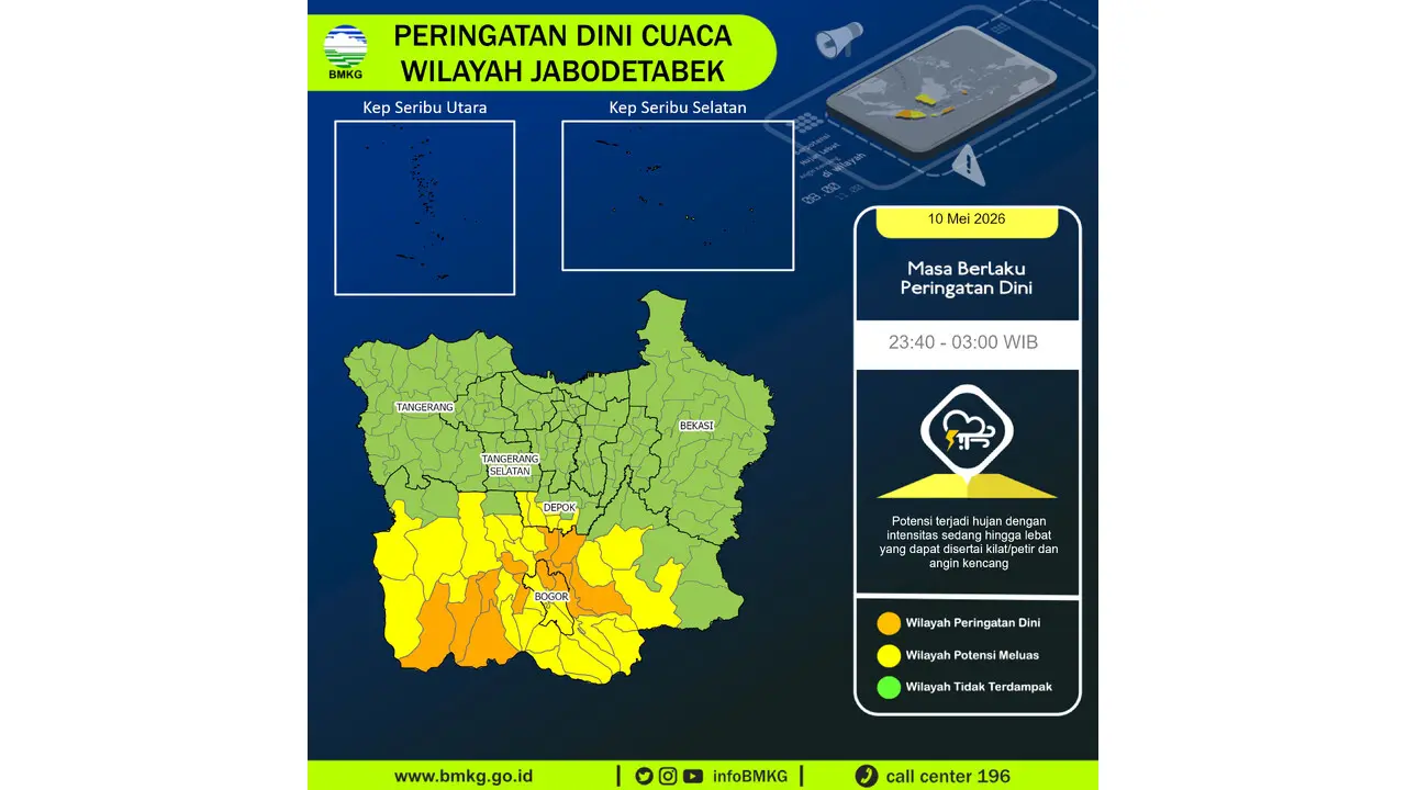 Prakiraan Cuaca Jabodetabek, 10 Mei 2026: Sejumlah Wilayah Berpotensi Hujan Lebat Disertai Petir dan Angin Kencang