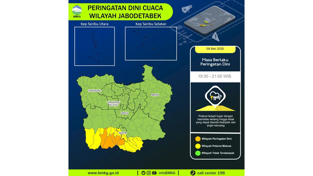 Prakiraan Cuaca Jabodetabek, 9 Mei 2026: Sejumlah Wilayah Berpotensi Hujan Lebat Disertai Petir dan Angin Kencang