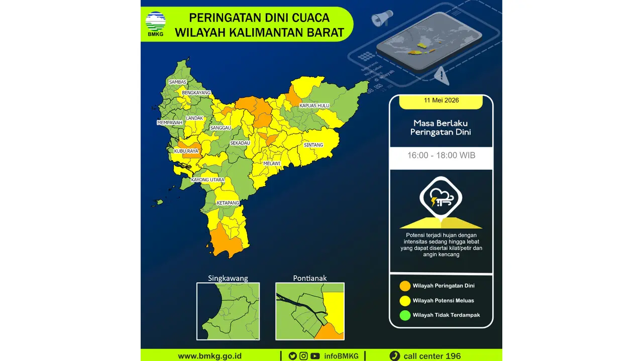 Prakiraan Cuaca Kalbar, 11 Mei 2026: Sejumlah Wilayah Berpotensi Hujan Lebat Disertai Petir dan Angin Kencang