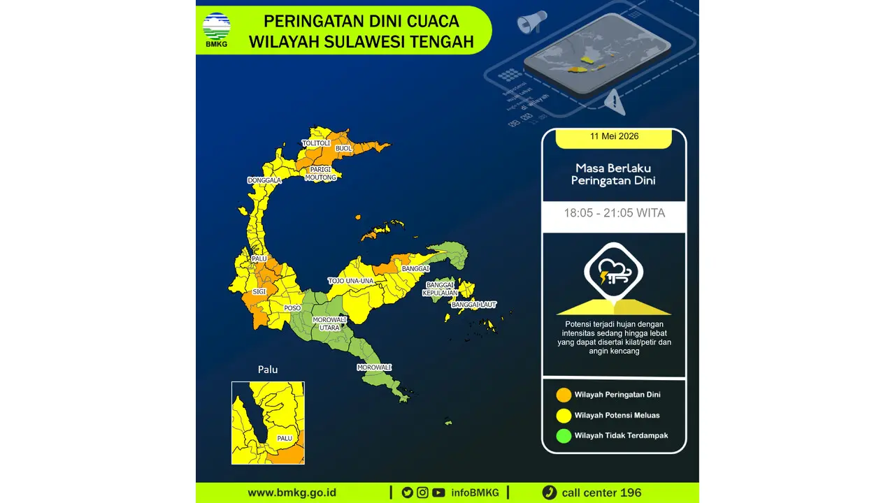 Prakiraan Cuaca Sulteng, 11 Mei 2026: Sejumlah Wilayah Berpotensi Hujan Lebat Disertai Petir dan Angin Kencang