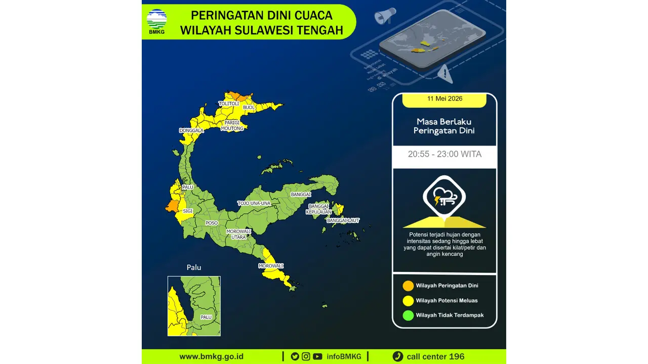 Prakiraan Cuaca Sulteng, 11 Mei 2026: Sejumlah Wilayah Berpotensi Hujan Lebat Disertai Petir dan Angin Kencang